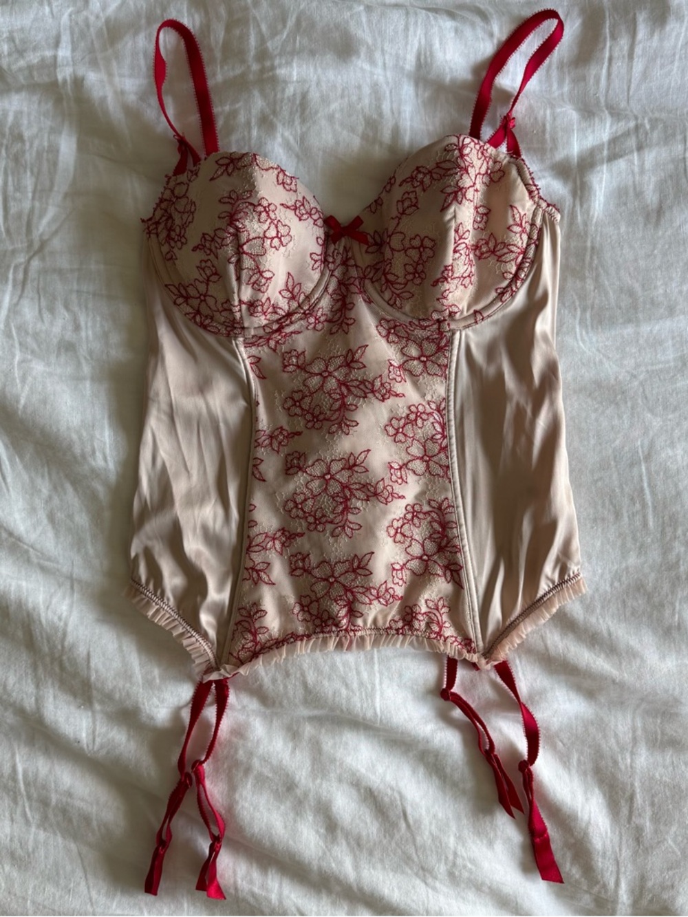 Victoria's Secret Nude Corset with Red Floral Lace